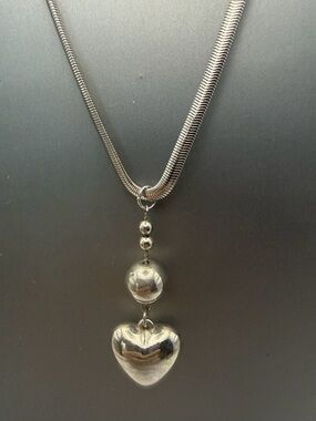 Silver Puffy Heart Pendant With Snake Chain Necklace